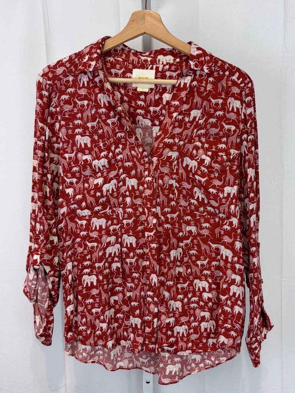 MAEVE Anthropologie Casia Safari Button Top Roll Tab Long Sleeve Rust Brown 8